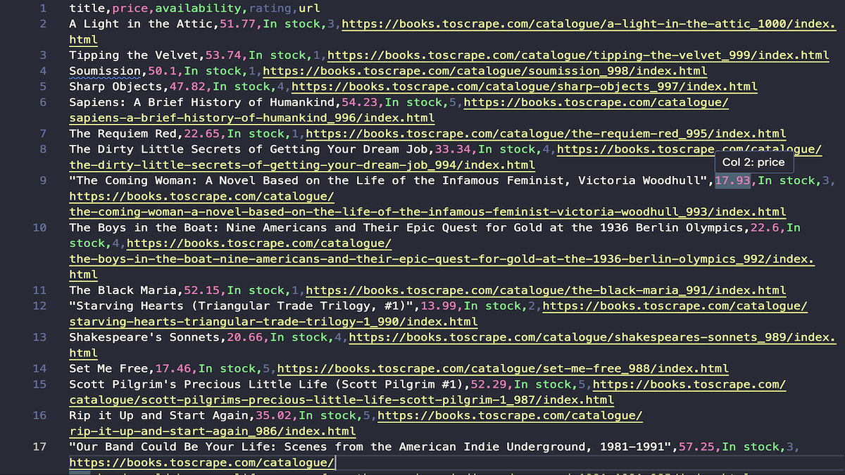 Screenshot of BooksToScrape product data