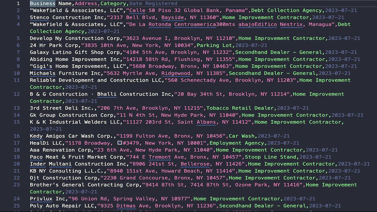 Screenshot of OpenGovUS Business Scraper CSV output